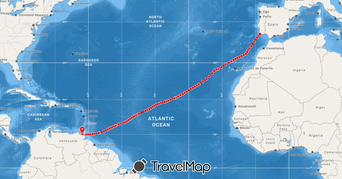 TravelMap itinerary: rowing in Portugal, Trinidad and Tobago (Europe, North America)