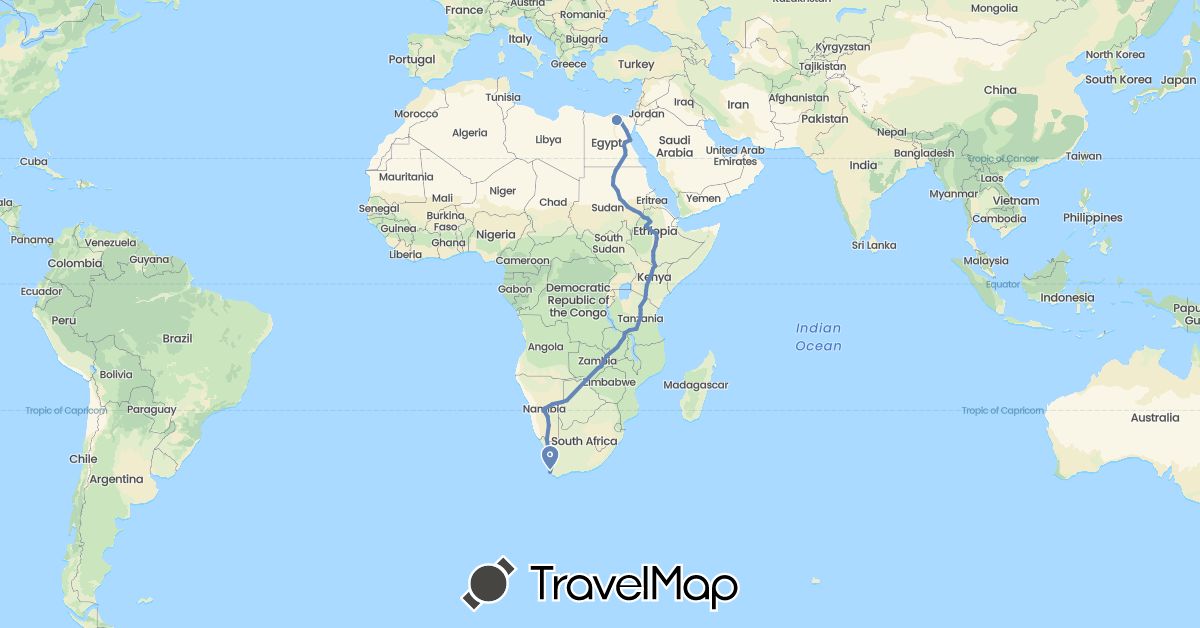 TravelMap itinerary: cycling in Botswana, Egypt, Ethiopia, Kenya, Namibia, Sudan, Tanzania, South Africa, Zambia (Africa)