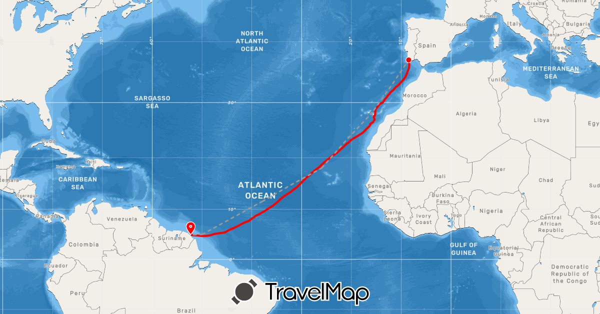 TravelMap itinerary: driving, plane, rowing in Spain, France, French Guiana, Portugal (Europe, South America)