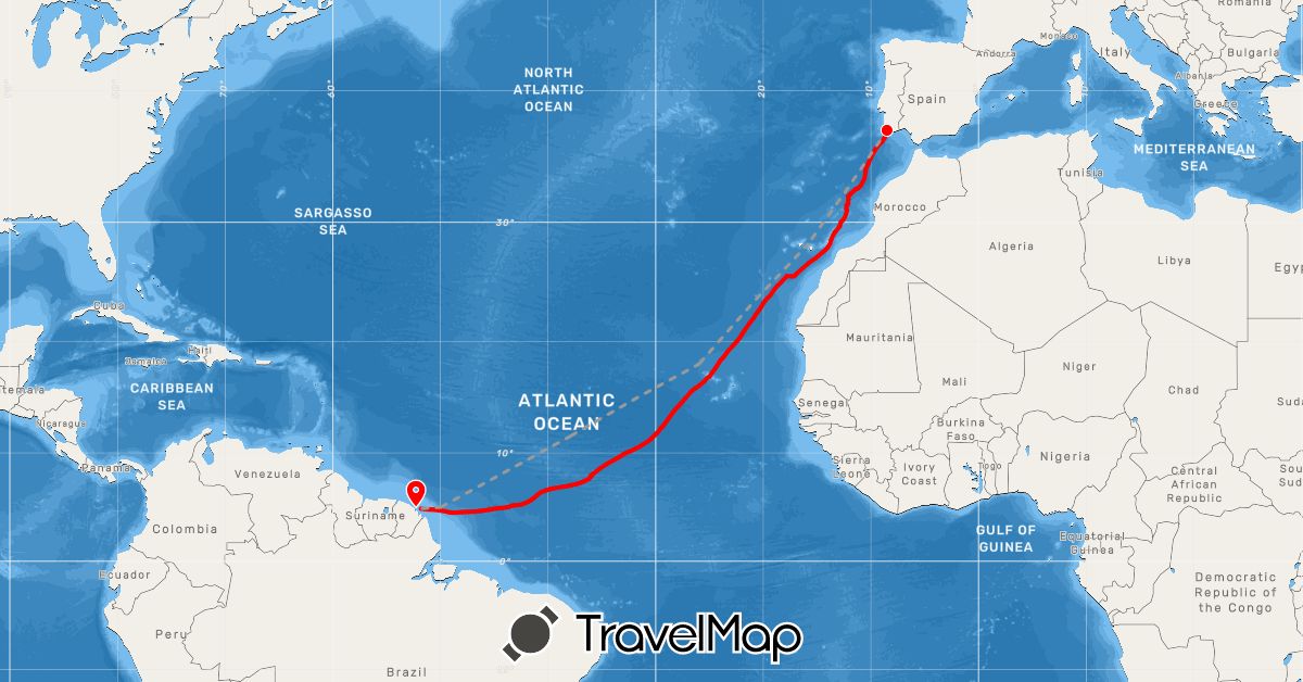 TravelMap itinerary: plane, rowing in Spain, French Guiana, Portugal (Europe, South America)