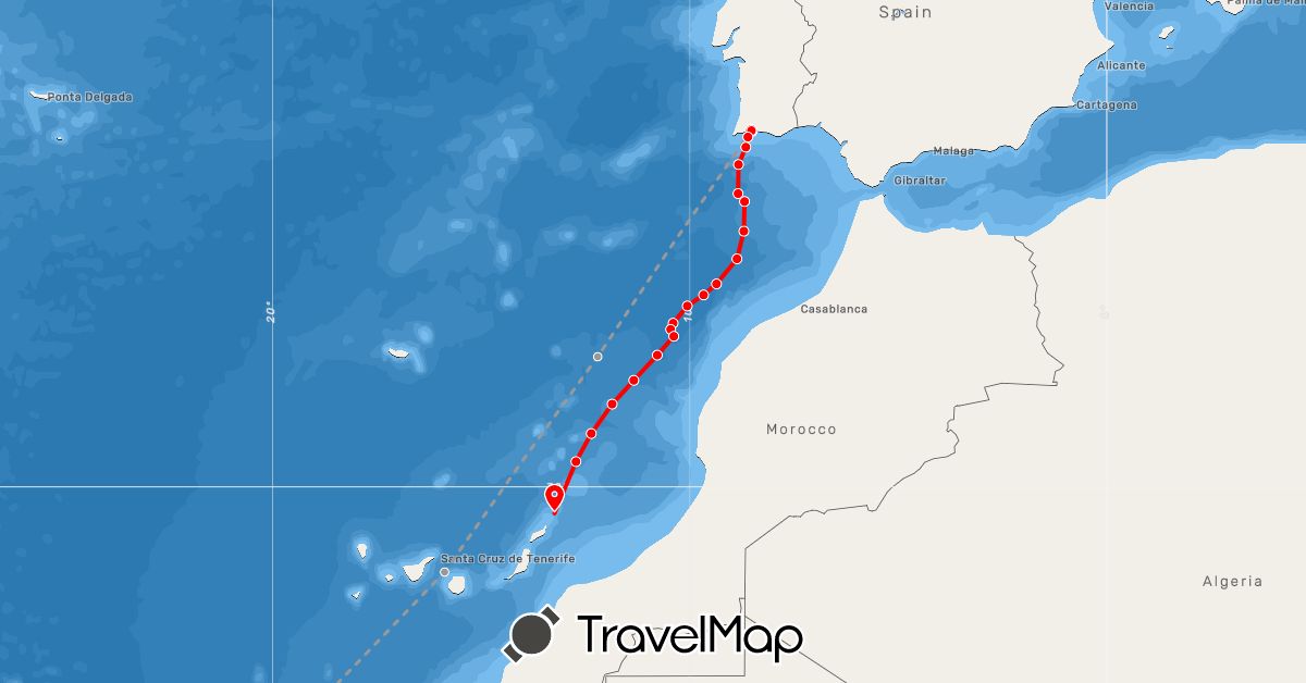 TravelMap itinerary: plane, rowing in Spain, French Guiana, Portugal (Europe, South America)